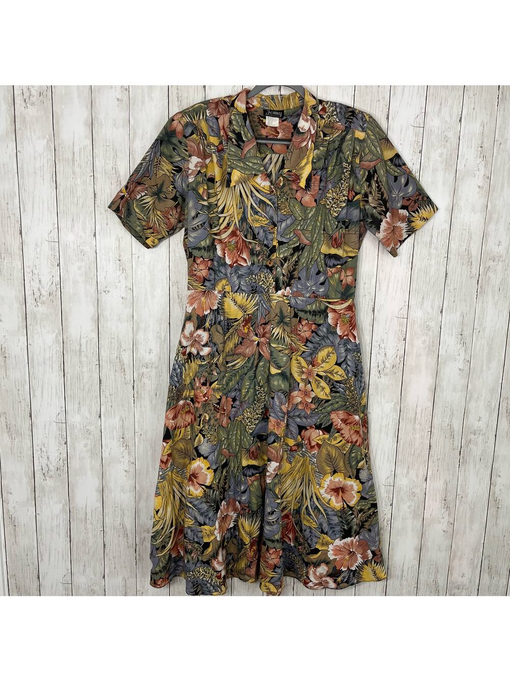 Vintage Jenny Tropical Floral V Neck Collared Short Sleeve Knee Length Dress 14
